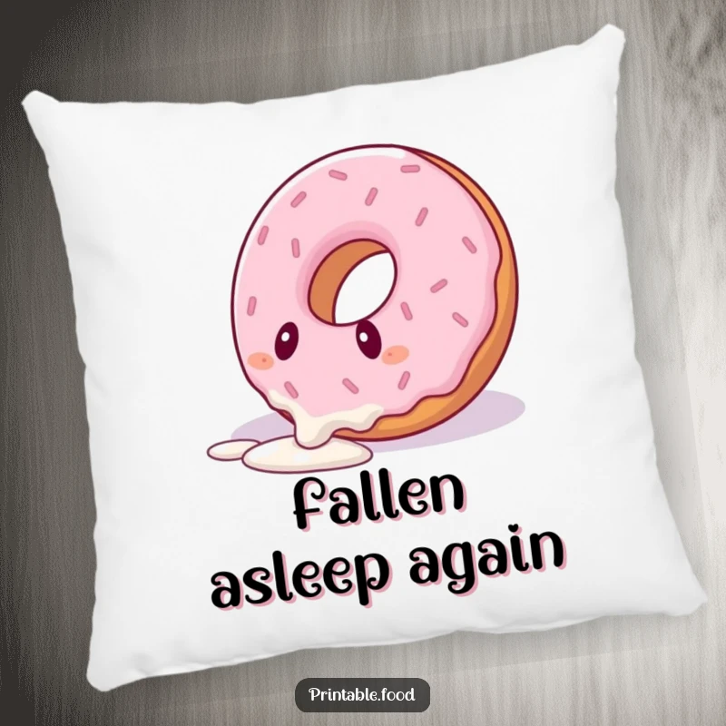 Funny pillow featuring a soft illustration of a donut character comically tripping over its icing drizzle, for comfort and laughs.