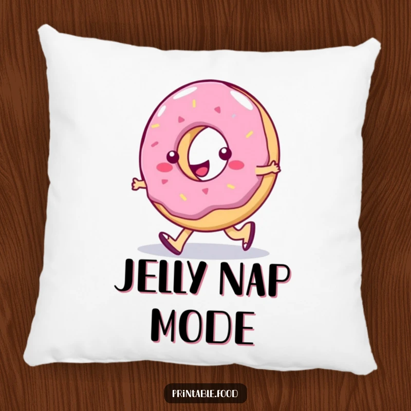 Funny Pillow: A jelly donut character in a silly walk pose, a soft and humorous addition to any cozy corner.