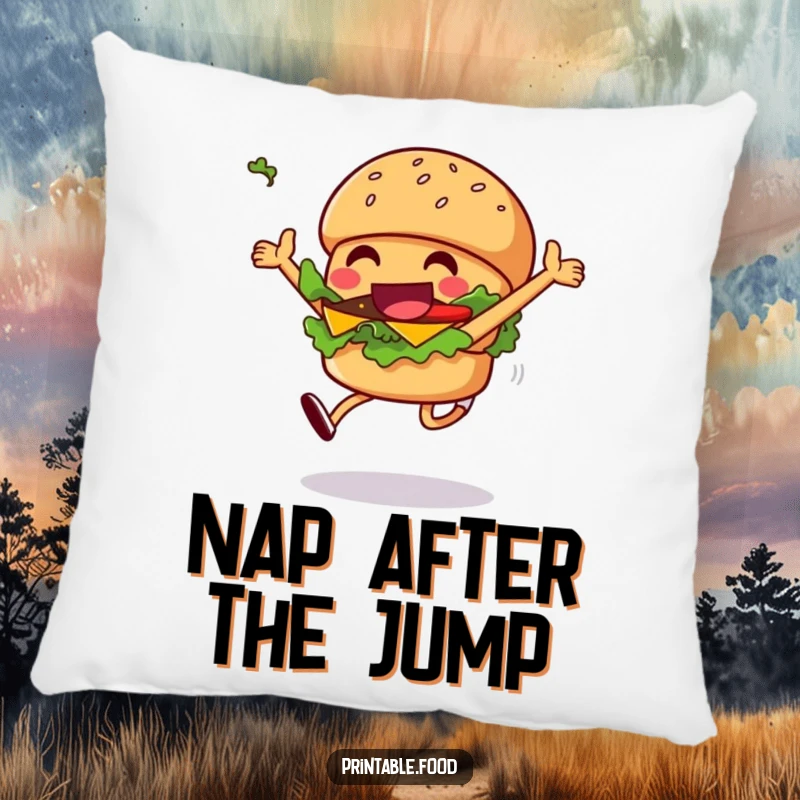 Funny grinning burger pillow with a character leaping joyfully, lettuce flying, perfect for comfort and fun decor.