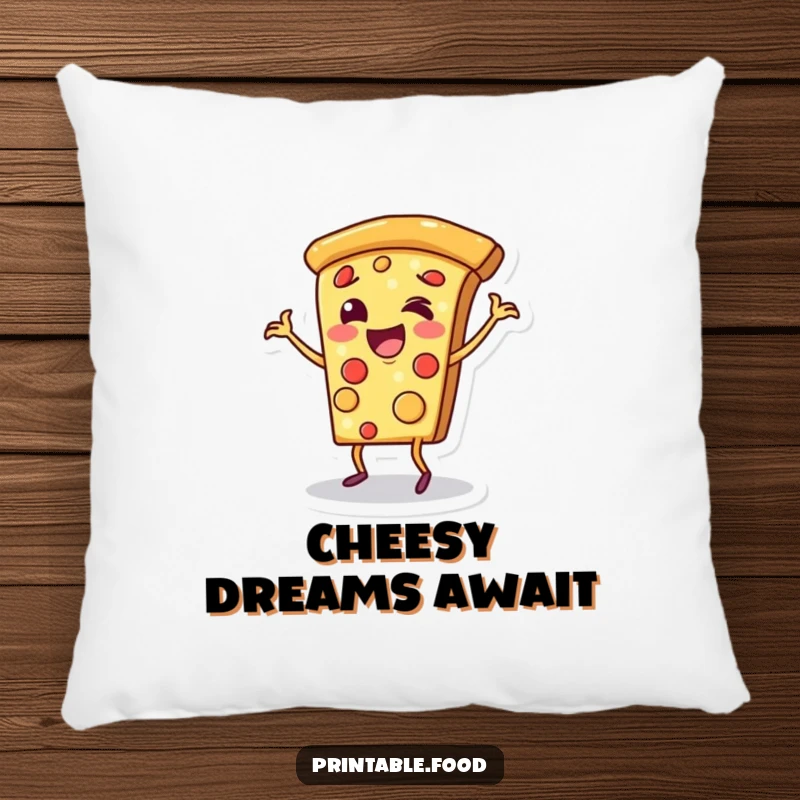 Funny decorative pillow with a cheerful pizza slice character doing a happy dance on its crust, perfect for cozy and humorous vibes.