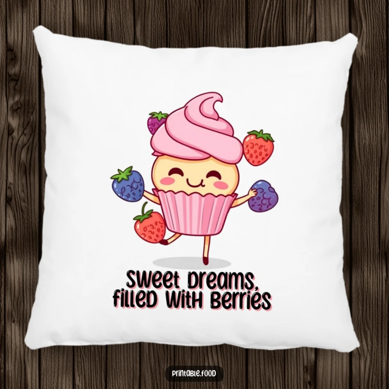 Funny cupcake character giggling while juggling berries, on a soft pillow, offering comfort and a splash of sweet, comedic cheer.