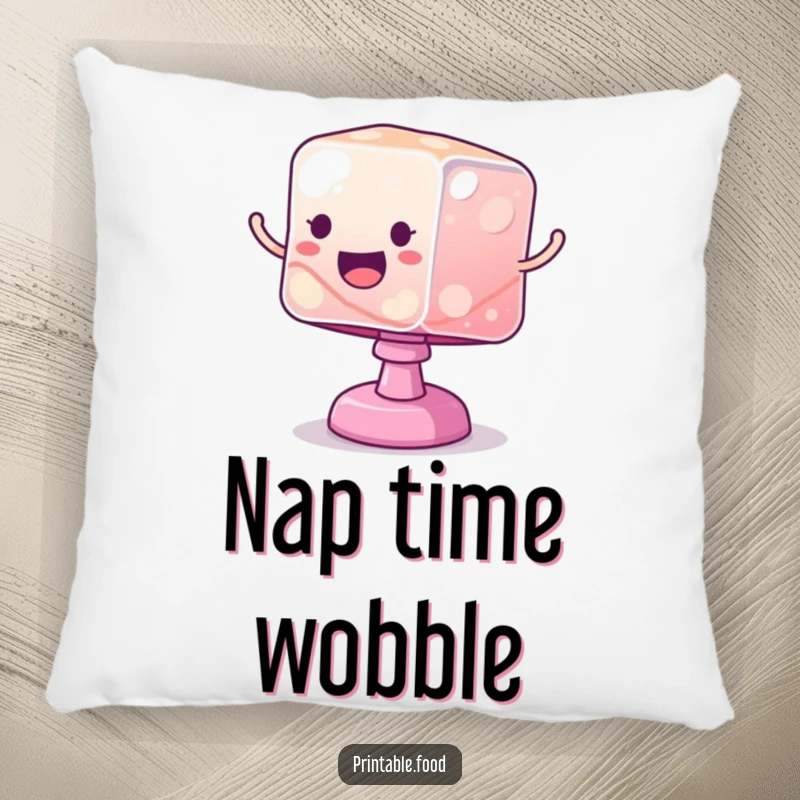 Funny pillow featuring a wobbly jelly cube bouncing excitedly, offering comfort and a symbol of playful, energetic fun.