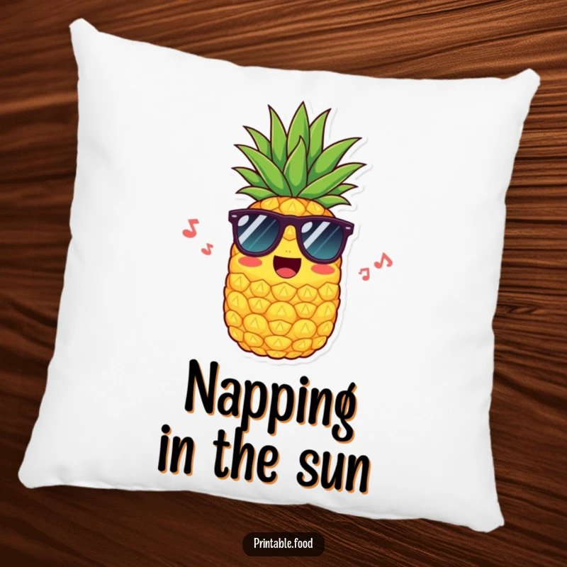 Funny pillow showcasing a cool pineapple in sunglasses, humming a tune, offering comfort and a splash of tropical, humorous charm.