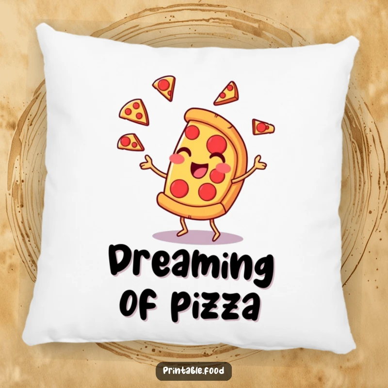 Funny pillow featuring a pizza slice character juggling pepperoni with a smirk, perfect for adding humorous comfort to any room.