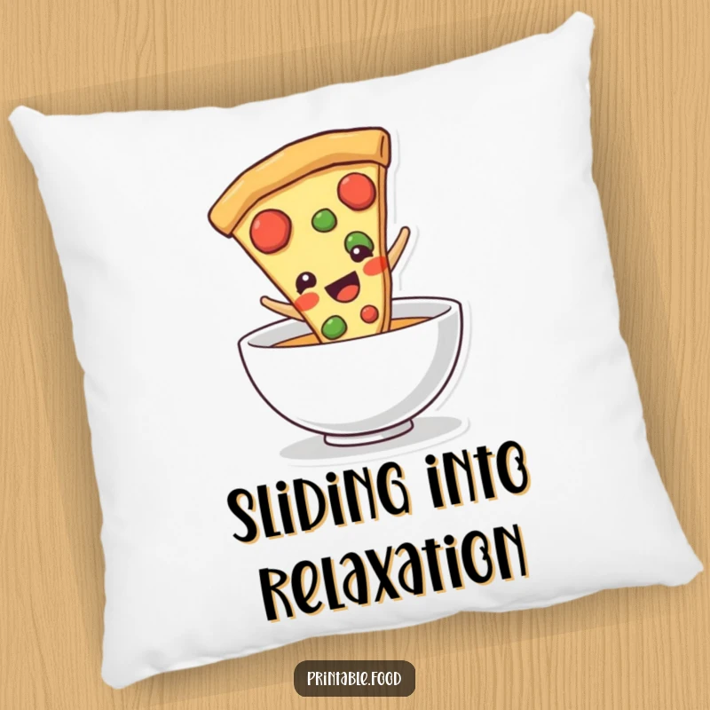 Funny pizza slice character sliding into a bowl, on a soft pillow, offering comfort and a generous helping of comedic delight.