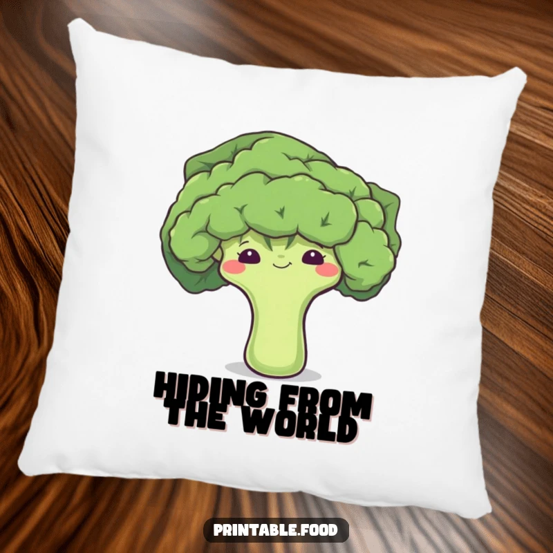 Funny decorative pillow featuring a shy broccoli floret hiding behind a leaf, offering cozy and humorous appeal.