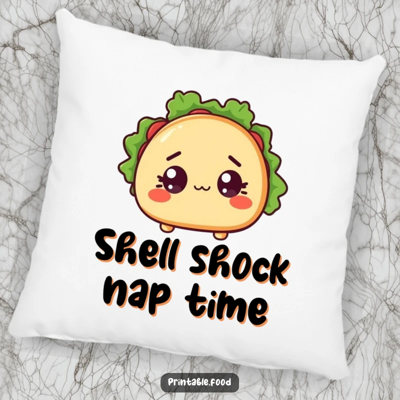 Funny decorative pillow with a wide-eyed, surprised taco character and open shell, providing comfort and a humorous touch.