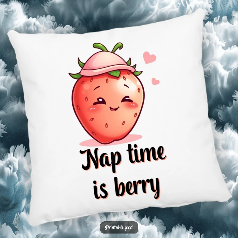 Funny pillow with a mischievous strawberry character in a hat giving a wink, perfect for cozy and humorous decor.