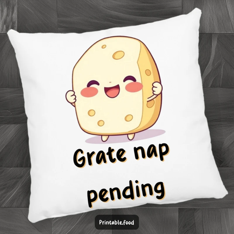Funny decorative pillow with a delighted, smiling cheese character being pulled apart, perfect for cozy and humorous comfort.