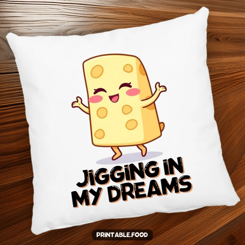 Funny pillow featuring a winking cheese wedge character doing a playful jig, perfect for adding humorous comfort to any room.