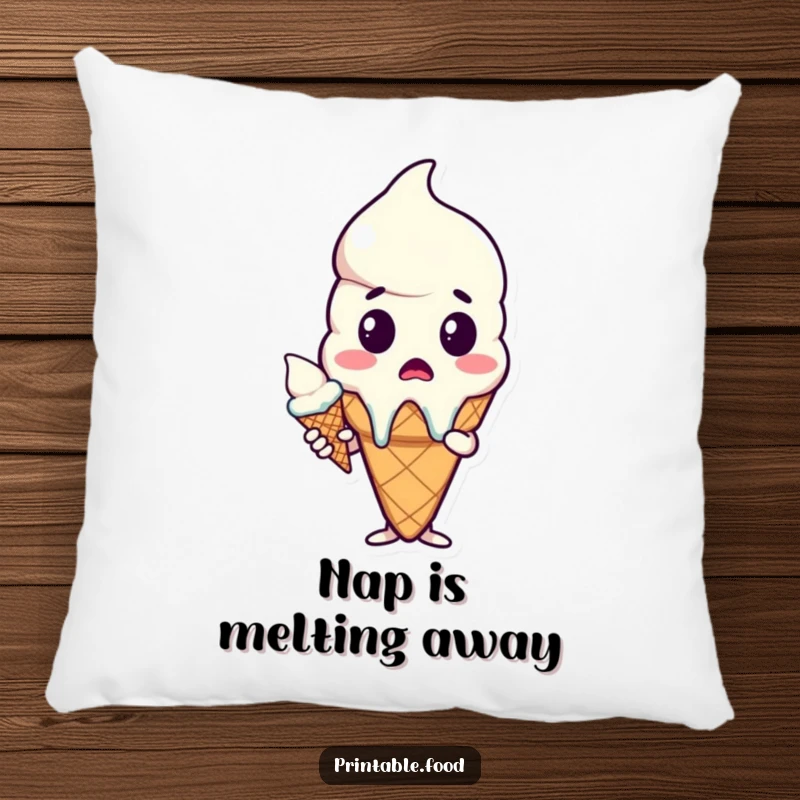 Funny pillow featuring a surprised ice cream cone character with a melting scoop, adding humorous charm to any room.