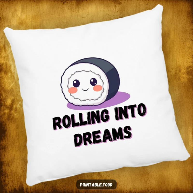 Funny Pillow featuring a happy sushi roll with eyes rolling across a purple gradient, offering plush comfort and playful charm.