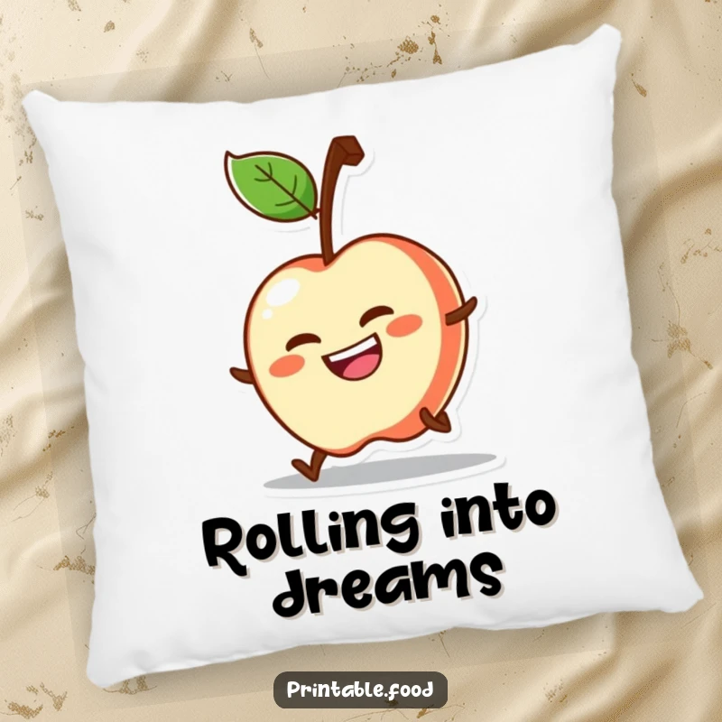 Funny decorative pillow with a determined apple character rolling downhill with a grin, providing comfort and humor.