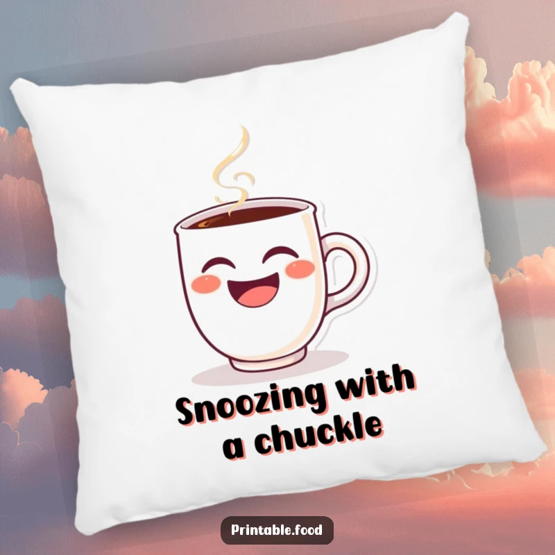 Funny pillow illustration of a winking coffee cup character, steam rising with mirth, providing a soft and comical touch to any space.