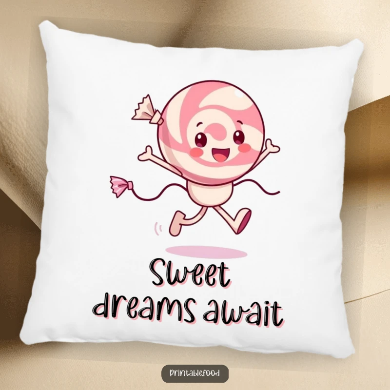 Funny cheerful candy pillow with a character skipping joyfully, wrappers trailing, perfect for comfort and sweet decor.
