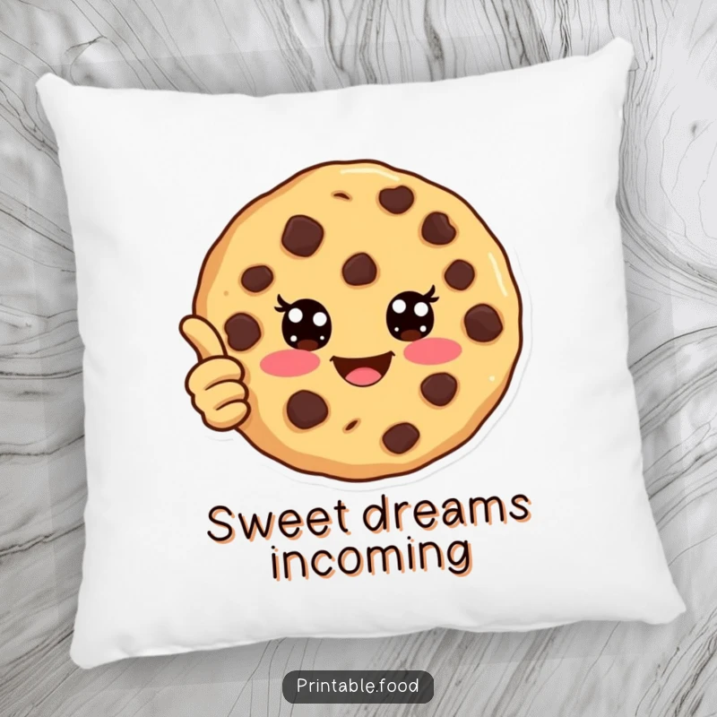 Funny pillow featuring a joyful chocolate chip cookie giving a thumbs up, offering comfort and a symbol of sweet approval.