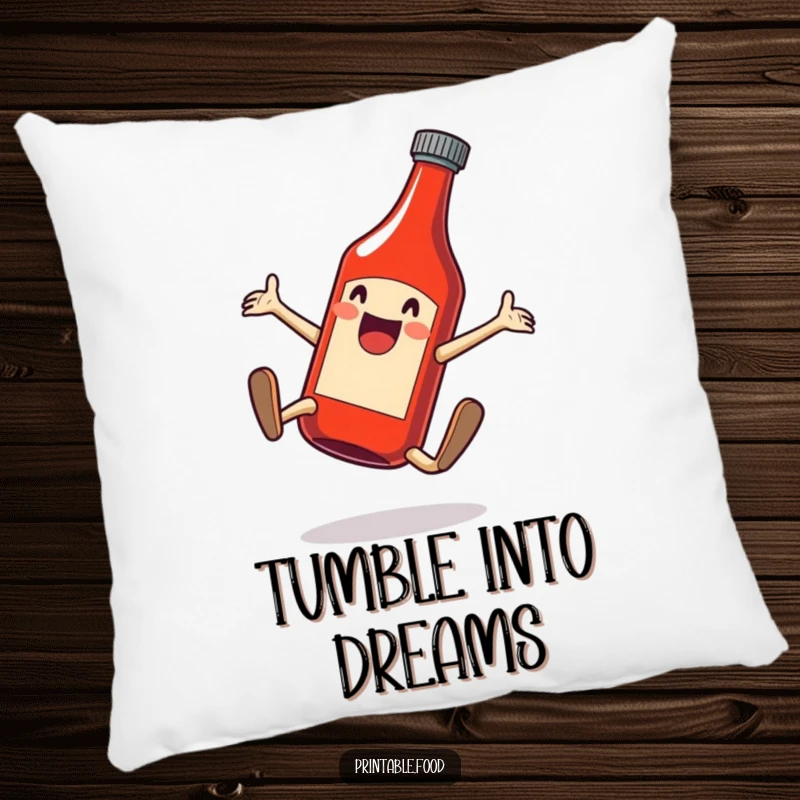 Funny pillow featuring a delighted ketchup bottle doing a cartwheel, offering comfort and condiment cheer.