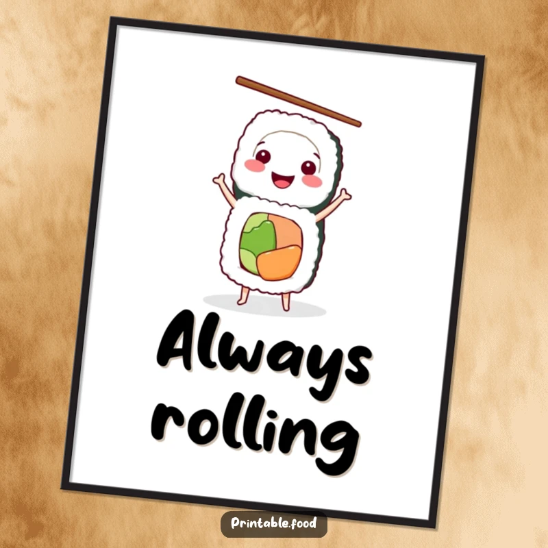 Funny Digital Art Print of a smiling sushi roll in a handstand with chopsticks, perfect for instant foodie decor.