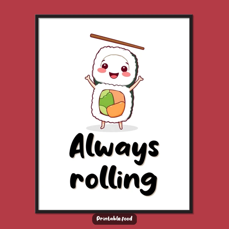 Funny Sushi Art Print: Smiling Roll Handstand, Digital Decor Gift