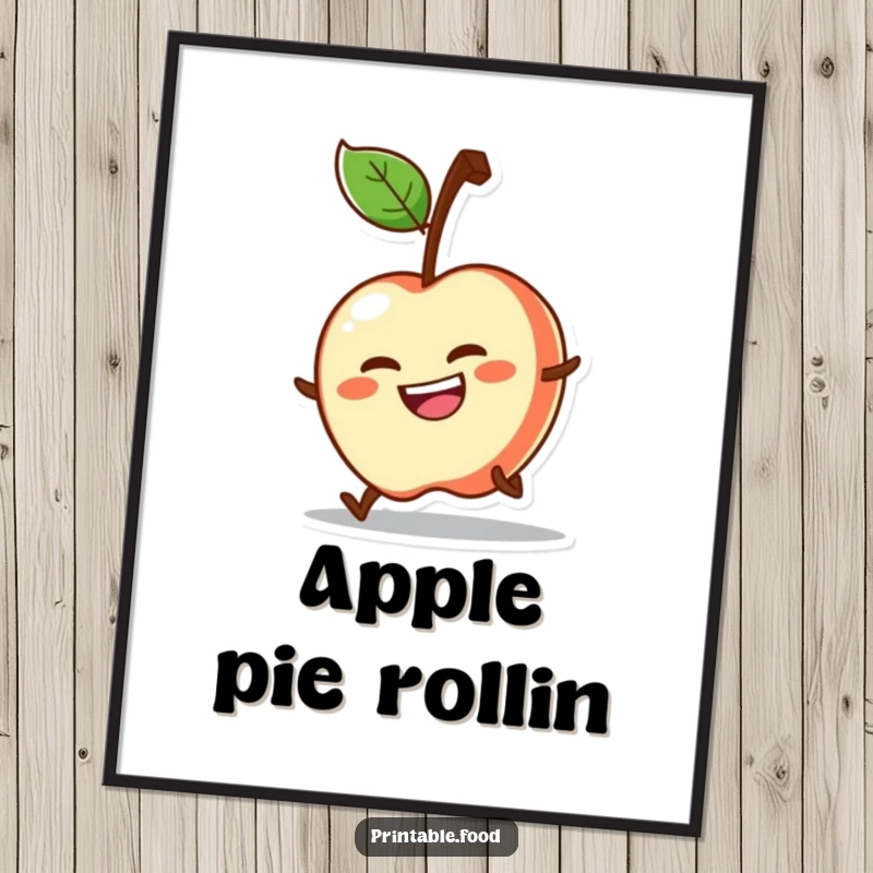 Funny digital art print of a determined apple character rolling downhill with a grin, conveying unstoppable energy.