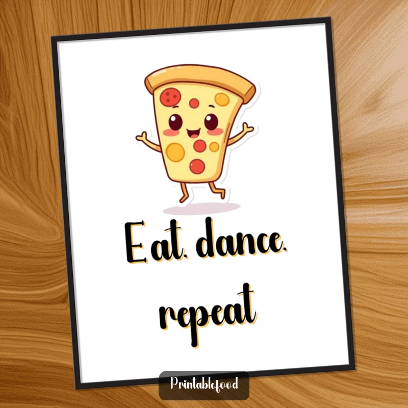Funny digital art print of a playful pizza slice character doing a jaunty jig, vibrant and joyful.