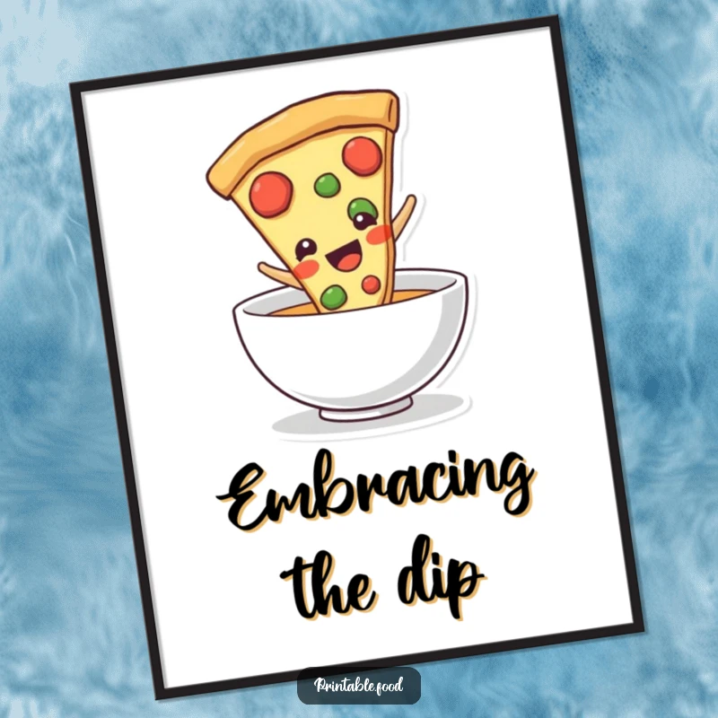 Funny pizza slice character joyfully sliding into a bowl, captured in digital art, conveying deliciousness and comedic pizza passion.