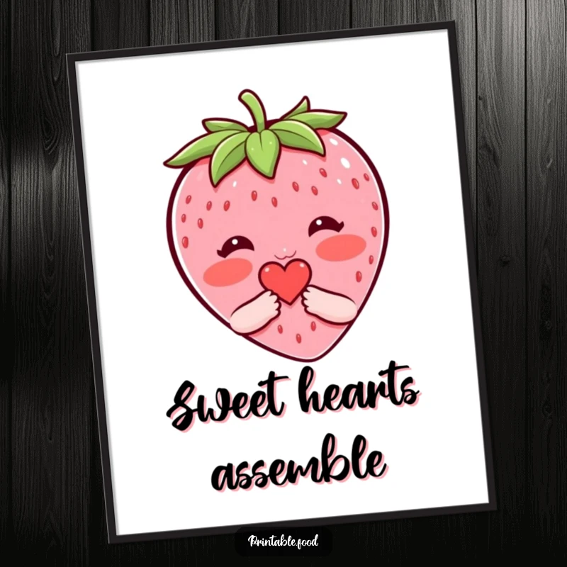 Funny digital art print of a blushing strawberry character shyly offering a tiny heart, a cute and humorous piece for download.