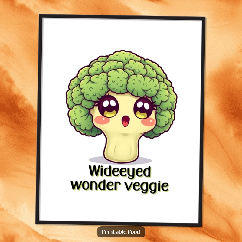 Funny digital art print of a surprised broccoli floret character with wide eyes, vibrant and humorous.