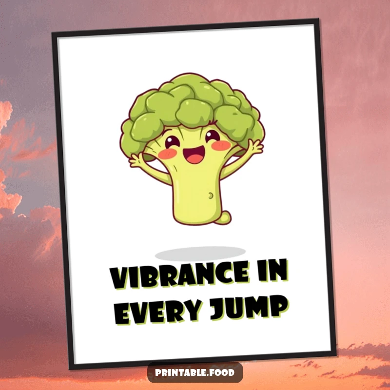 Funny digital art print of a beaming broccoli floret joyfully mid-jump, radiating positive vibes and healthy, playful energy for your walls.