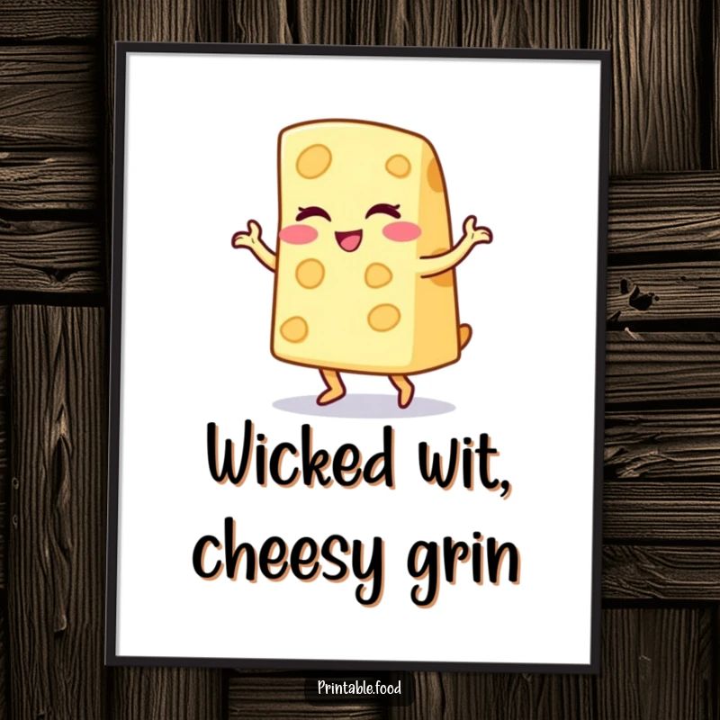 Funny digital art print of a winking cheese wedge character doing a playful jig, radiating pure, cheesy delight and humorous charm.