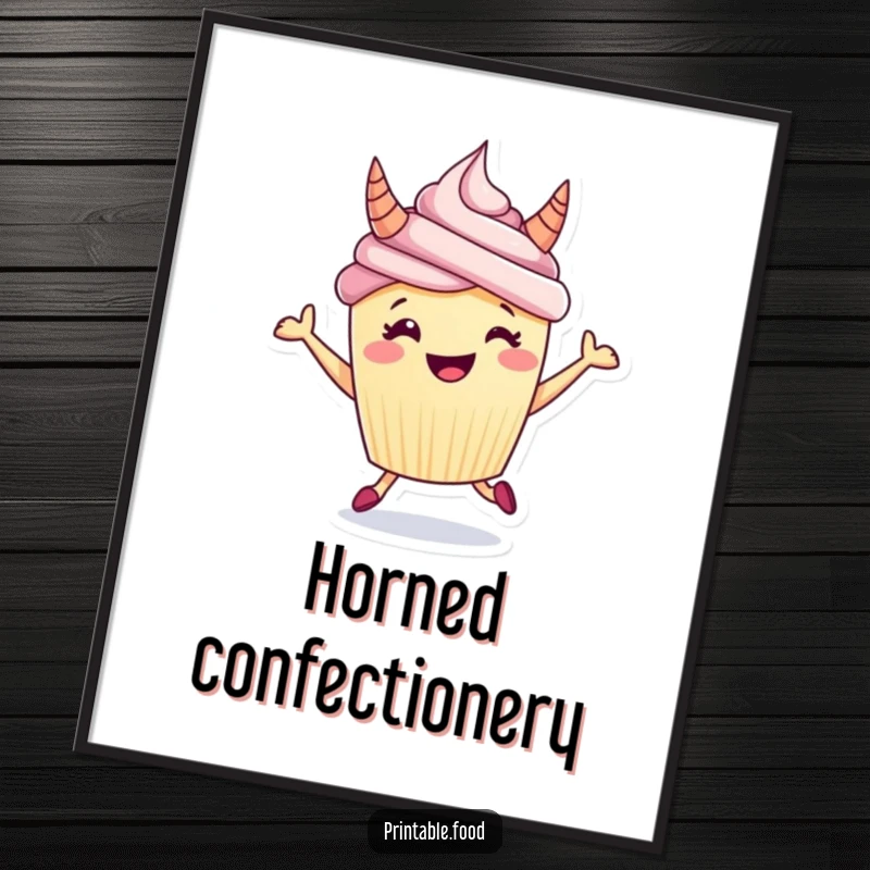 Funny digital art print of a grinning cupcake with frosting horns, captured in a dynamic, excited hop, ready to adorn any space.