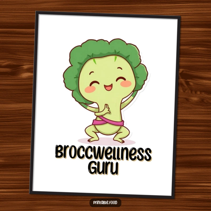 Funny Digital Art Print: Broccoli character in a balanced yoga pose, radiating peace and healthy humor, printable wall art.