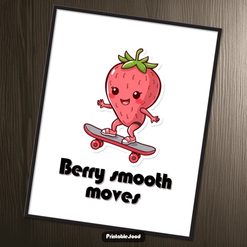 Funny Digital Art Print: Strawberry character with extreme skill on a skateboard, conveying playful energy and humor, printable wall art.
