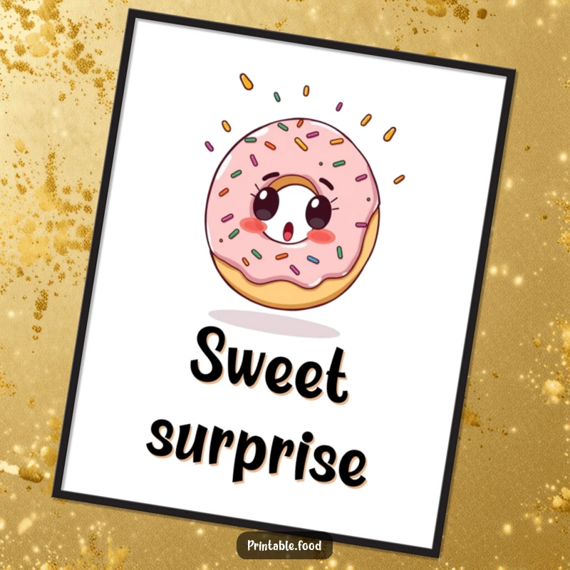 Funny Digital Art Print of a surprised donut character with falling sprinkles, perfect for instant, sweet decor.