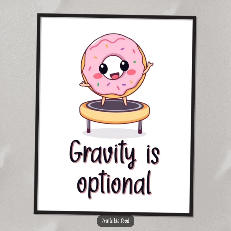 Funny donut character in mid-air, bouncing high on a trampoline, captured in digital art, conveying infectious joy and playful energy.