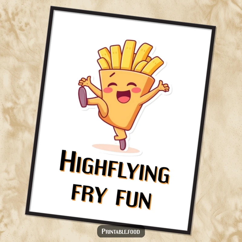 Funny digital art print of a delighted french fry character performing an energetic high kick, full of life and humor.