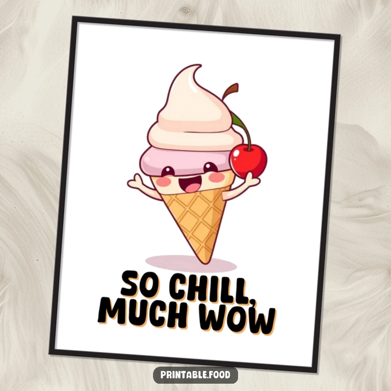 Funny ice cream cone digital art print of a playful character with a bouncing cherry, instantly downloadable for fun.