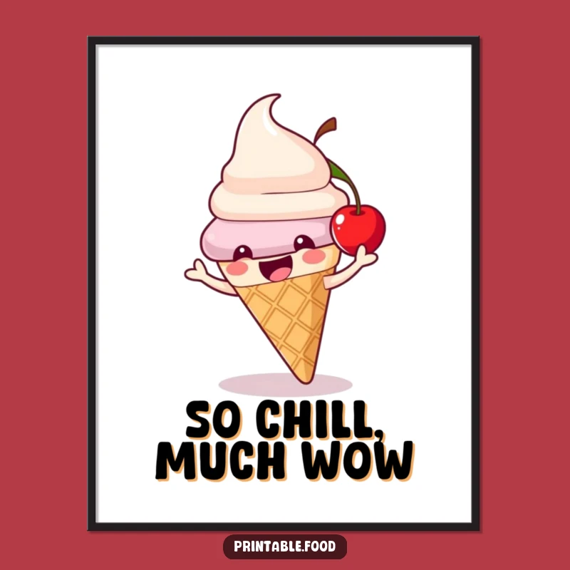 Funny Ice Cream Cone Digital Art: Cherry Character Print, Instant Funny Gift Download