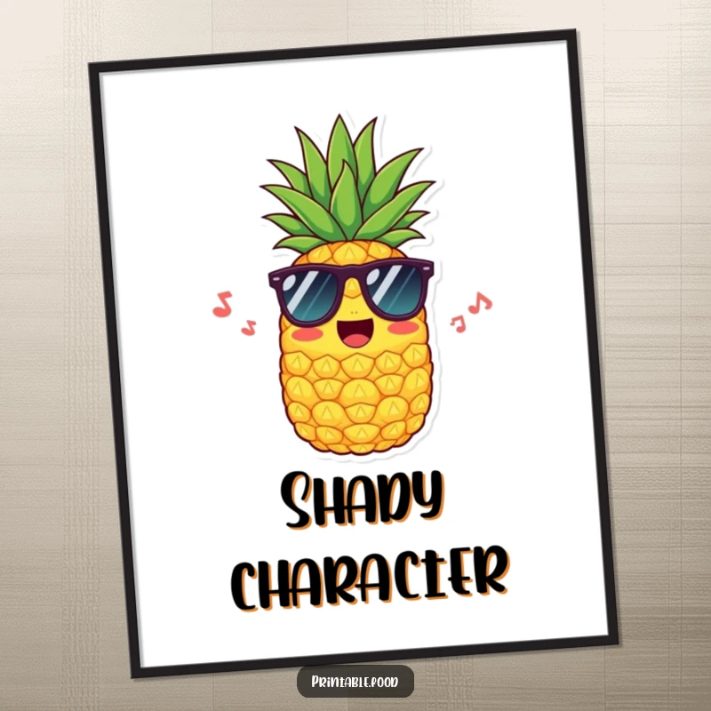 Funny digital art print of a cheerful pineapple wearing cool sunglasses and humming, radiating tropical happiness and sunny vibes for your walls.