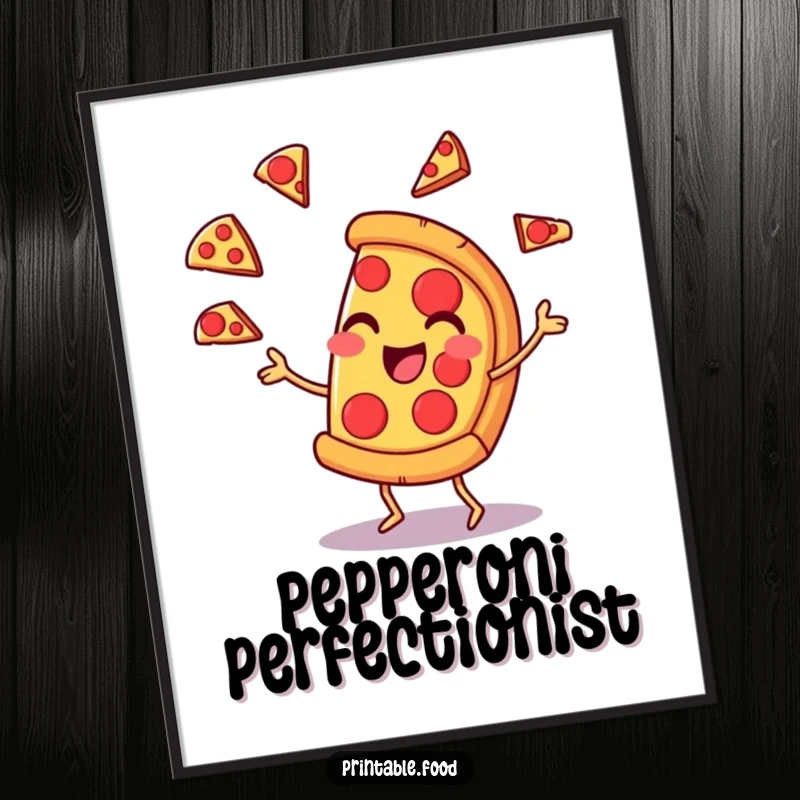 Funny digital art print of a pizza slice character juggling pepperoni slices with a smirk, a delightful and humorous piece of wall art.