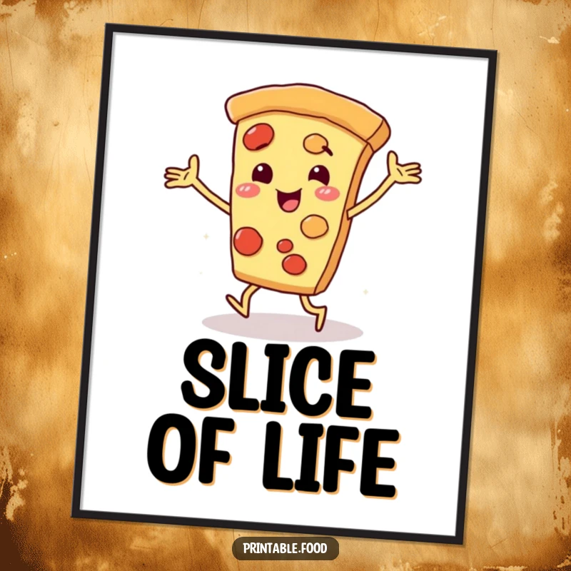 Funny pizza slice character with arms and legs dancing energetically, presented as a digital art print for vibrant and humorous decor.