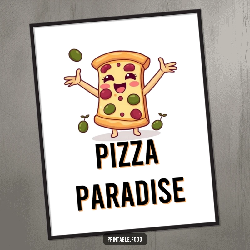 Funny digital art print of a pizza slice character catching falling olives, ideal for immediate download and humorous decor.