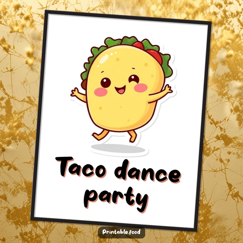 Funny digital art print of a smiling taco dancing merrily on its legs, adding instant festive energy.