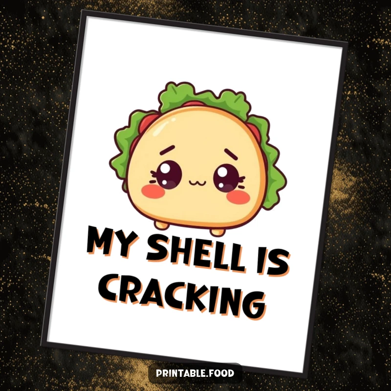 Funny digital art print of a wide-eyed, surprised taco character with its shell slightly ajar, a humorous piece to download.
