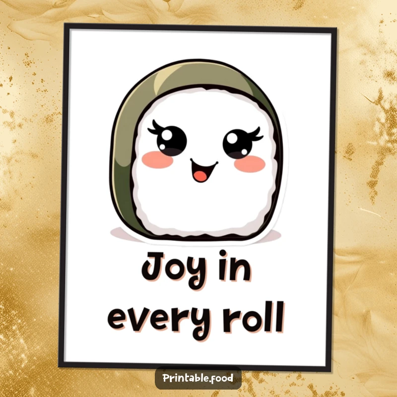 Funny Sushi Roll Digital Art: A cheerful sushi roll with animated, wiggling eyes radiates pure joy and delicious fun, ready to be printed.