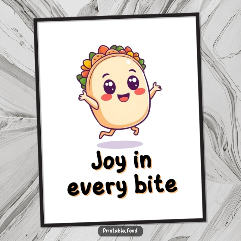 Funny digital art print of a smiling taco character dancing with wide, excited eyes, radiating festive energy and culinary cheer for your walls.