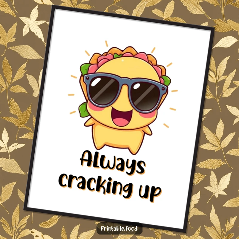 Funny Digital Art Print of a cheerful taco wearing tiny sunglasses, captured mid-burst of laughter, ready to party.