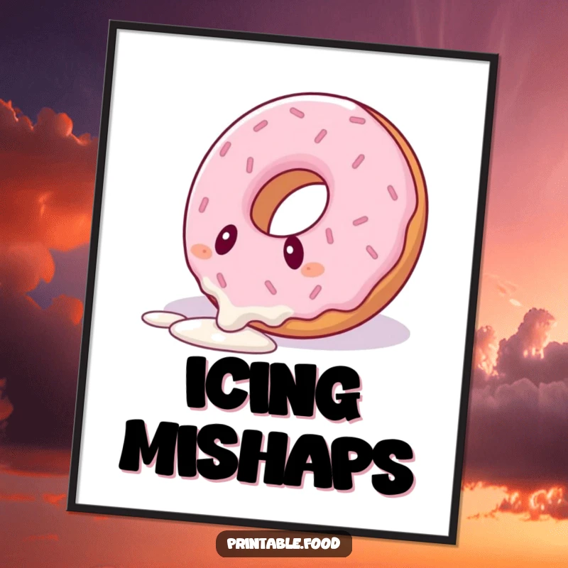 Funny digital art print of a donut character comically tripping over its icing drizzle, ideal for immediate download and decor.