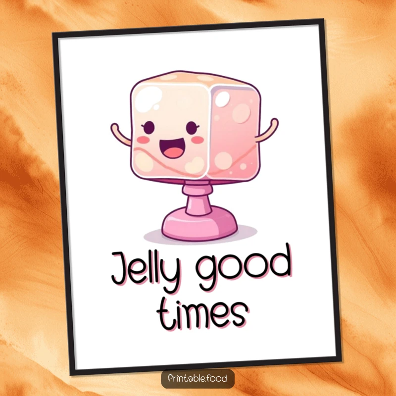 Funny digital art print of a wobbly jelly cube bouncing excitedly, symbolizing playful energy and fun. Instant download.