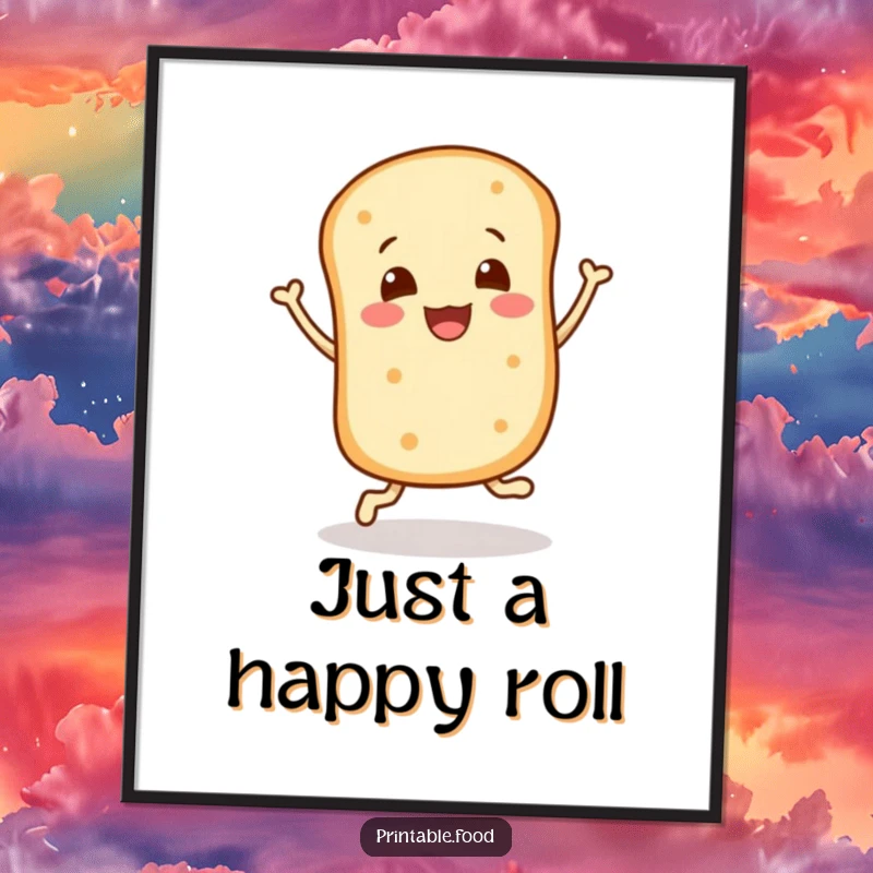 Funny digital art print: A joyful bread roll character bounces with exuberance, a vibrant and uplifting illustration.